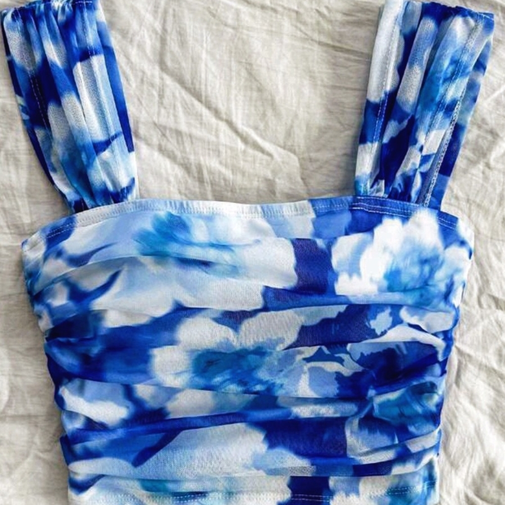 Blue and White Ruched Tank Top with Straight Neckline